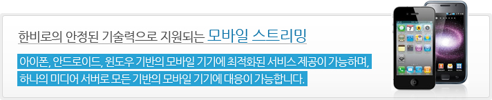 한비로의 안정된 기술력으로 지원되는 모바일 스트리밍 / 아이폰,안드로이드,윈도우 기반의 모바일 기기에 최적화된 서비스 제공이 가능하며, 하나의 미디어 서버로 모든 기반의 모바일 기기에 대응이 가능합니다.